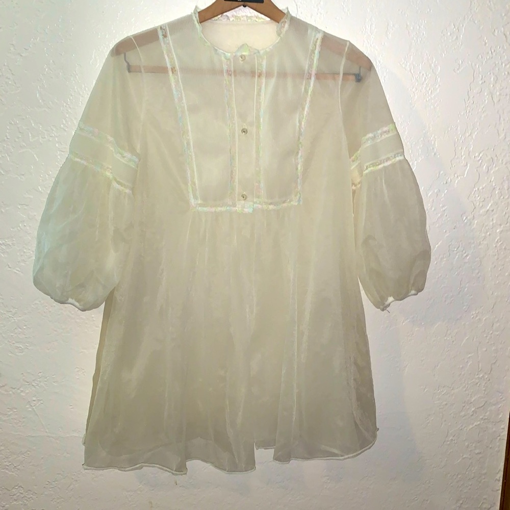 Vtg 60s Radcliffe Nylon Sheer Peasant Babydoll Top Rainbow Lace Prairie M